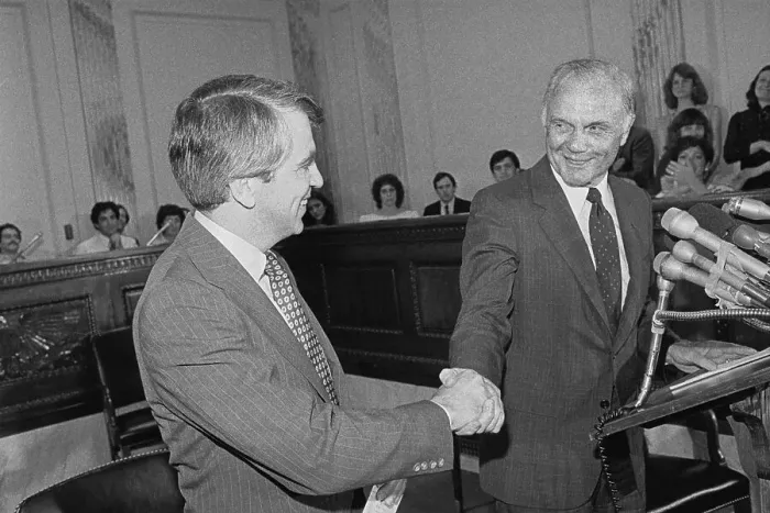 Framed Print : Paul Tsongas and John Glen Shaking Hands Framed Print : Paul Tsongas and John Glen Shaking Hands