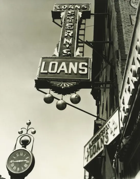 Framed Print : Pawnbrokers signs outside shop, (B&W), low angle view Framed Print : Pawnbrokers signs outside shop, (B&W), low angle view