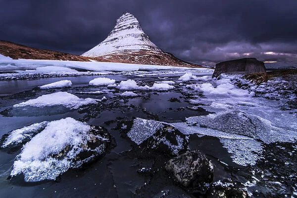 Peak of Kirkjufell with Kirkjufell river, Kirkjufell, Snaefellsnes peninsula, Iceland