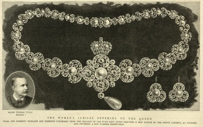 Framed Print : Pearl and diamond nacklace and earrings Jubilee gift for Queen Victoria, 19th Century Framed Print : Pearl and diamond nacklace and earrings Jubilee gift for Queen Victoria, 19th Century