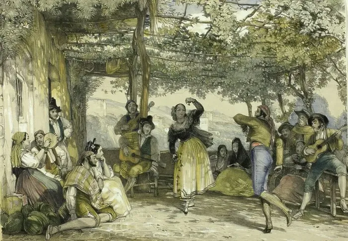 Framed Print : Peasants Dancing at a Festival Bolero, 1836, Spain, Painting by John Frederick Lewis, Historic, Digitally restored reproduction from a 19th century original