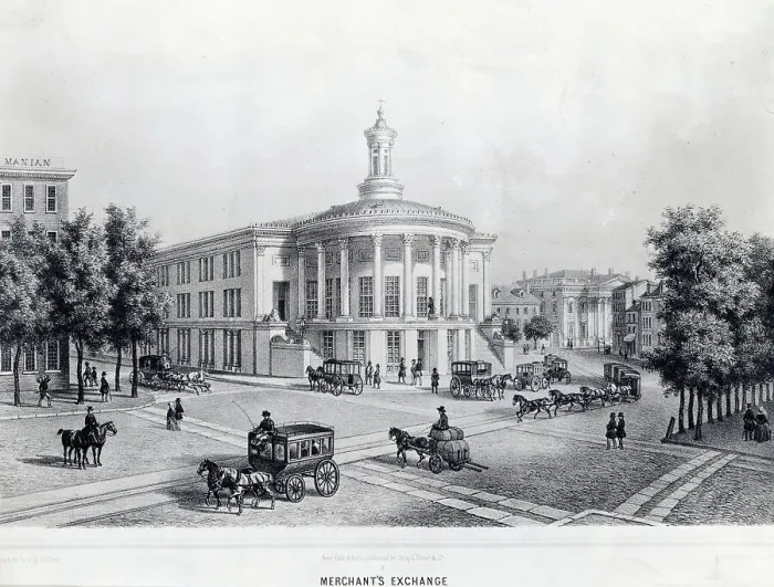 Framed Print : Pedestrian and Buggy Travelers on the Merchant's Exchange in Early Philadelphia Framed Print : Pedestrian and Buggy Travelers on the Merchant's Exchange in Early Philadelphia
