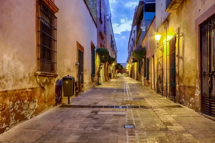 Framed Print : Pedestrian walkways of downtown Queretaro, Mexico at night