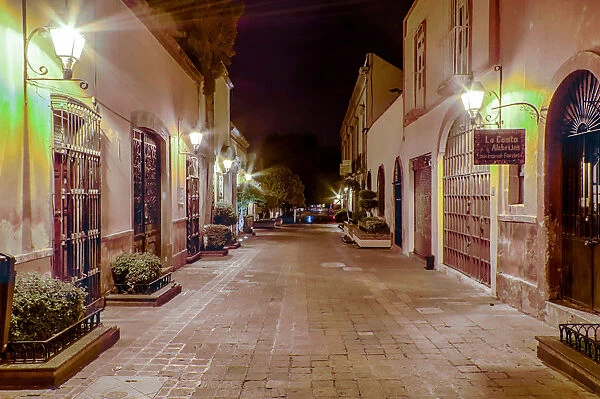 Pedestrian walkways of downtown Queretaro, Mexico at night