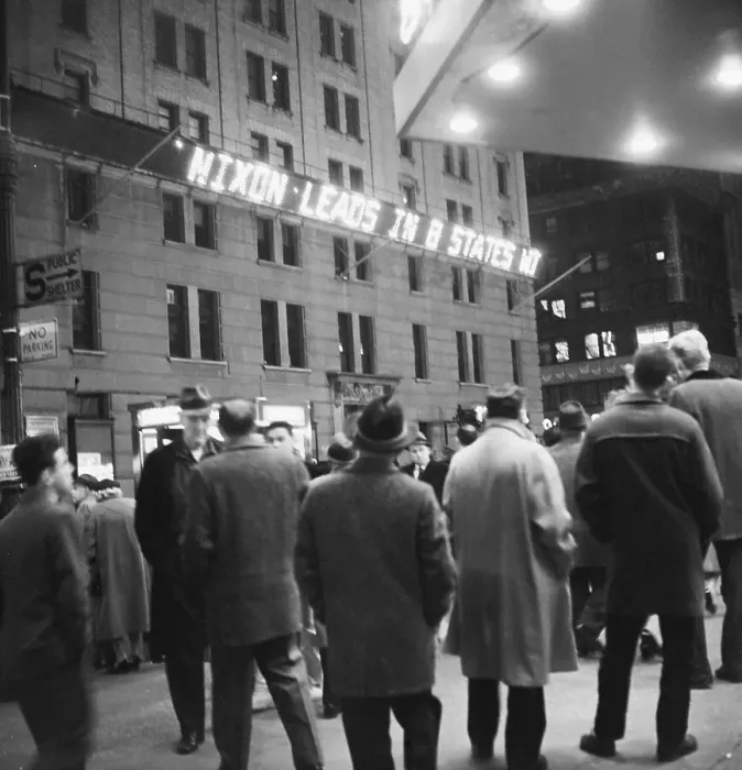 Framed Print : Pedestrians Passing Building with Sign on Nixon's Election Results Framed Print : Pedestrians Passing Building with Sign on Nixon's Election Results