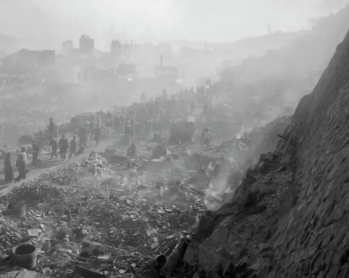 Framed Print : Pedestrians Walking Amid Rubble in Pusan