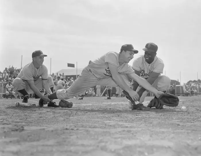 Framed Print : Pee Wee Reese and Jackie Robinson Stretching Gil Hodges Framed Print : Pee Wee Reese and Jackie Robinson Stretching Gil Hodges