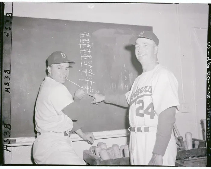 Framed Print : Pee Wee Reese and Walt Alston Pointing to a Chalkboard Framed Print : Pee Wee Reese and Walt Alston Pointing to a Chalkboard