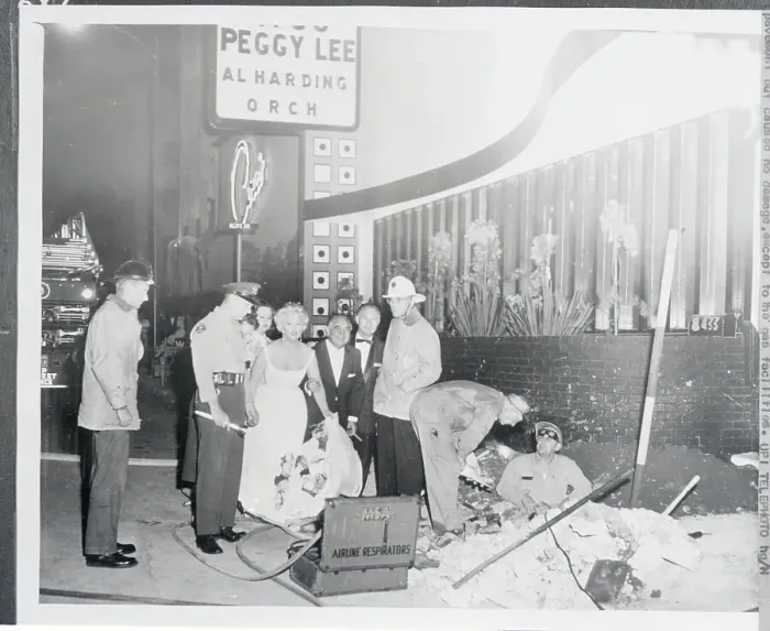 Framed Print : Peggy Lee Exiting Club with Broken Gas Main Framed Print : Peggy Lee Exiting Club with Broken Gas Main