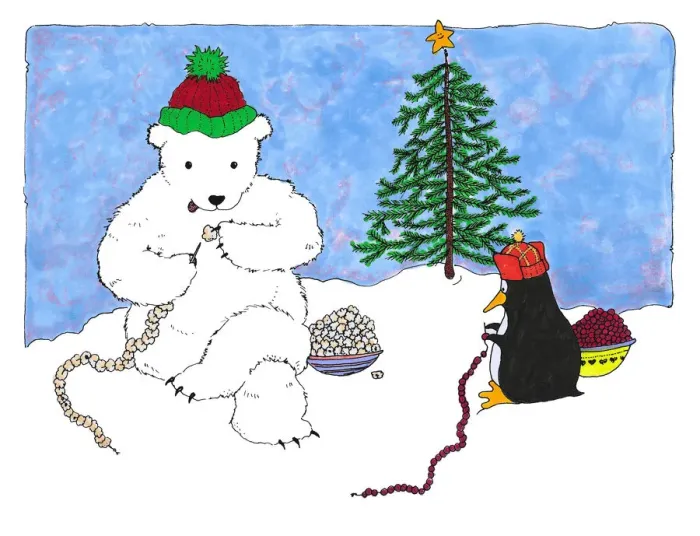 Framed Print : Penguin & Polar Bear Making Decorations Framed Print : Penguin & Polar Bear Making Decorations