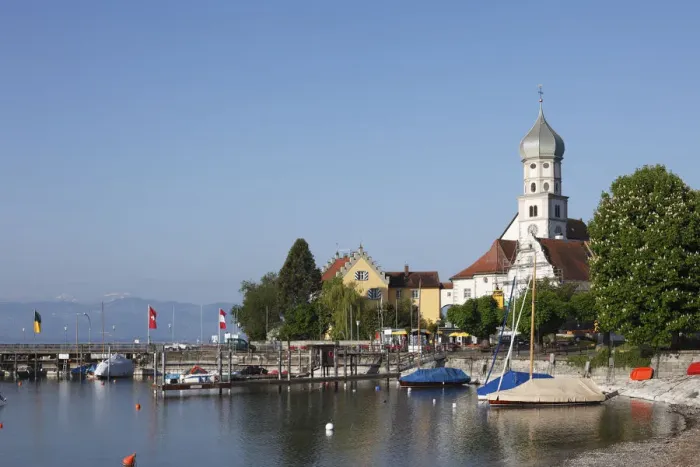 Framed Print : Peninsula with church of St. Georg, Wasserburg on Lake Constance, Swabia, Bavaria, Germany, Europe, PublicGround