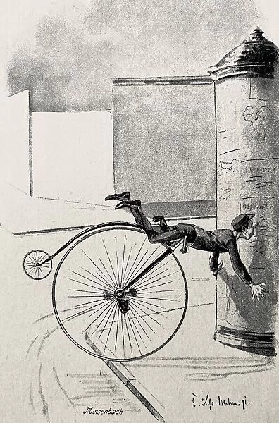 Penny farthing bicyclist falls on an advertising pillar