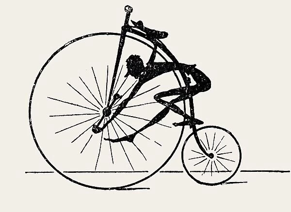 Penny farthing bicyclist, silhouette, side view on white background