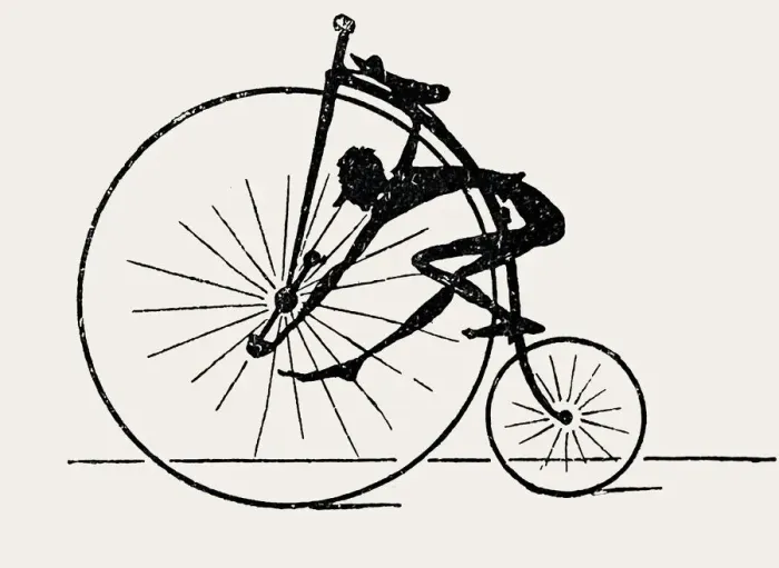 Framed Print : Penny farthing bicyclist, silhouette, side view on white background Framed Print : Penny farthing bicyclist, silhouette, side view on white background