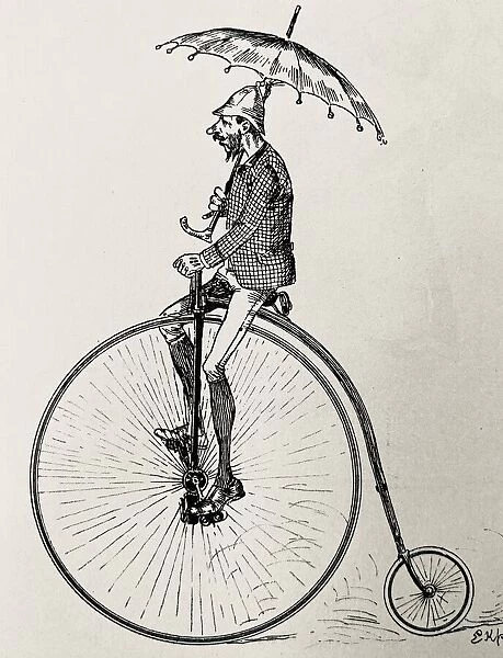 Penny farthing bicyclist with umbrella