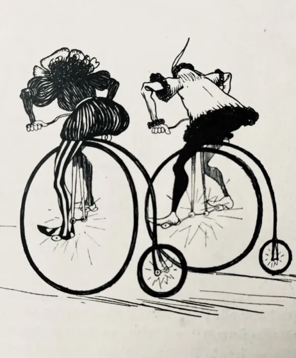 Framed Print : Two Penny farthing bicyclists on tour, rear side view