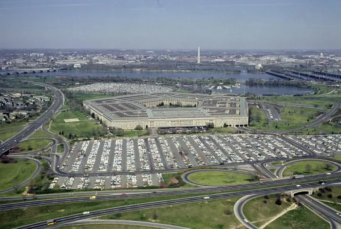 Framed Print : Pentagon. Aerial view of the Pentagon, its two large car parks Framed Print : Pentagon. Aerial view of the Pentagon, its two large car parks