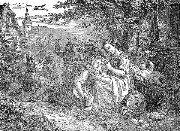 Pentecost outdoors, family with children in nature, family having a picnic with the children, 1881, Germany, Historic, digital reproduction of an original 19th-century image