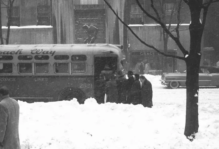 Framed Print : People boarding on bus in winter, (B&W) Framed Print : People boarding on bus in winter, (B&W)