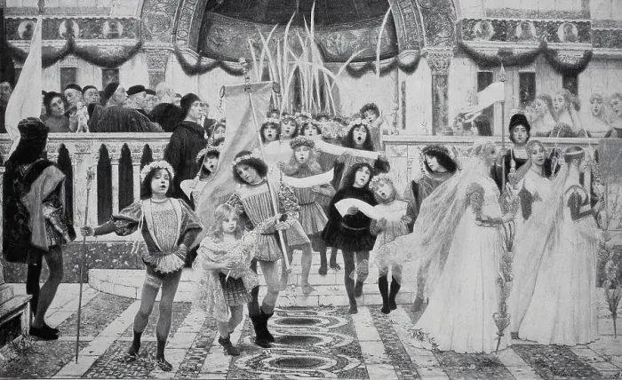 Framed Print : People Celebrating Palm Sunday in the City of Venice, Italy, 1880, Historic, digitally restored reproduction of an original 19th-century original Framed Print : People Celebrating Palm Sunday in the City of Venice, Italy, 1880, Historic, digitally restored reproduction of an original 19th-century original