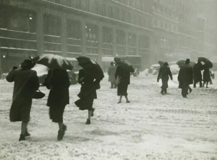 Framed Print : People in city, walking in blizzard, (B&W) Framed Print : People in city, walking in blizzard, (B&W)
