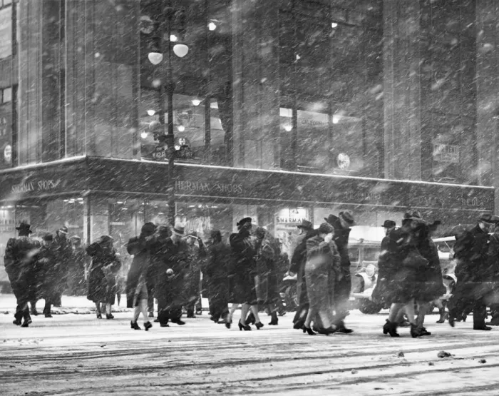 Framed Print : People crossing city street in snow stor Framed Print : People crossing city street in snow stor