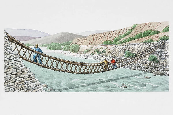 Three people crossing swaying rope bridge over wide river, side view