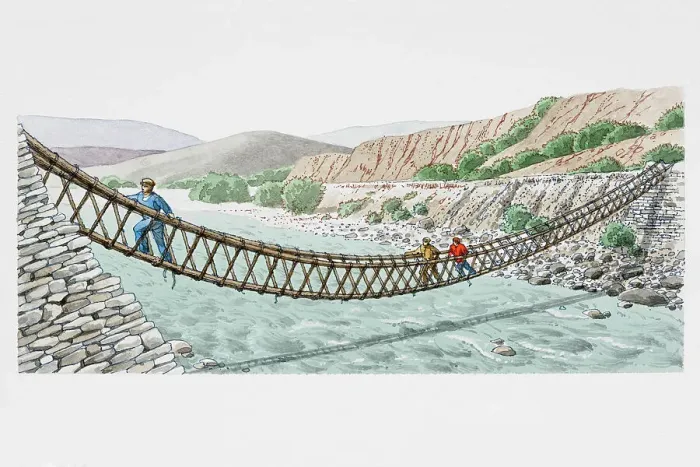 Framed Print : Three people crossing swaying rope bridge over wide river, side view Framed Print : Three people crossing swaying rope bridge over wide river, side view