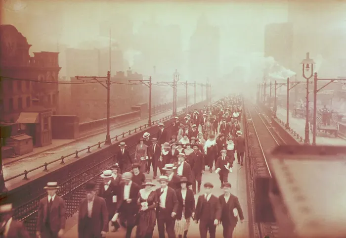 Framed Print : People Crowd Walkway on Brooklyn Bridge