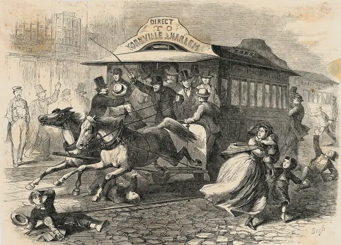 Framed Print : People Fleeing from Speeding Trolley Car Framed Print : People Fleeing from Speeding Trolley Car