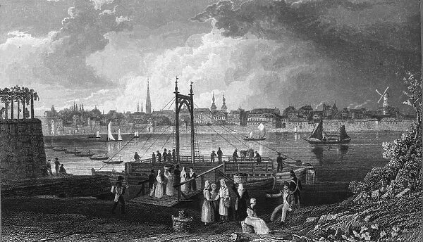 Bonn. circa 1800: People on a jetty in Bonn on the River Rhine
