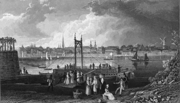 Framed Print : Bonn. circa 1800: People on a jetty in Bonn on the River Rhine Framed Print : Bonn. circa 1800: People on a jetty in Bonn on the River Rhine