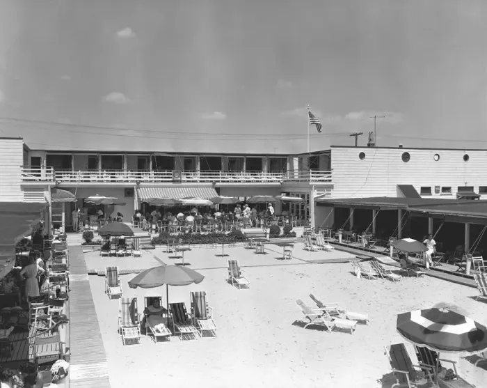 Framed Print : People relaxing by outdoors swimming pool, (B&W), elevated view