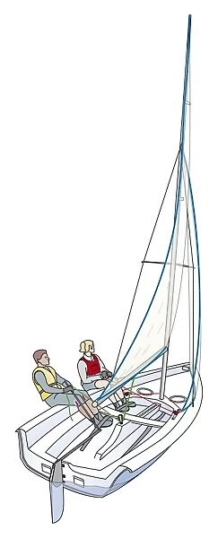 Two people in sailboat, pulling sail in tightly