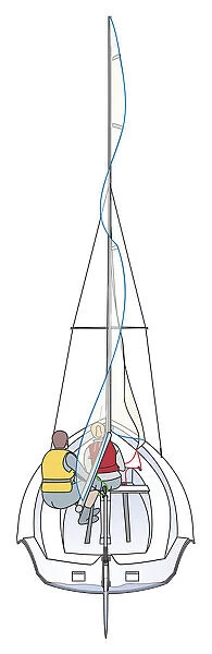 Two people in sailboat, rear view