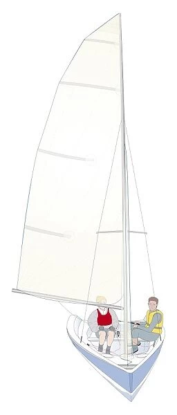 Two people in sailboat, front view