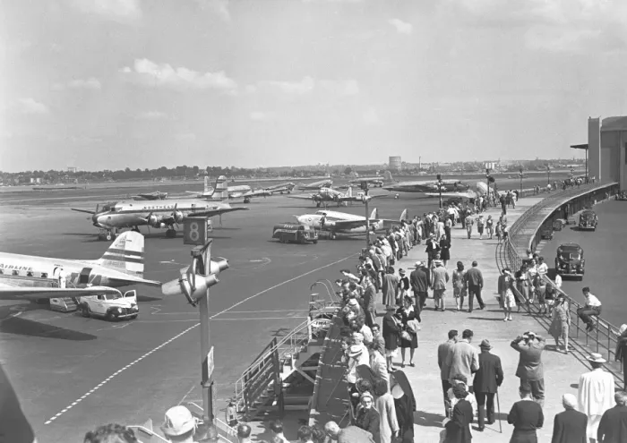 Framed Print : People walking on airpotrt, (B&W), elevated view