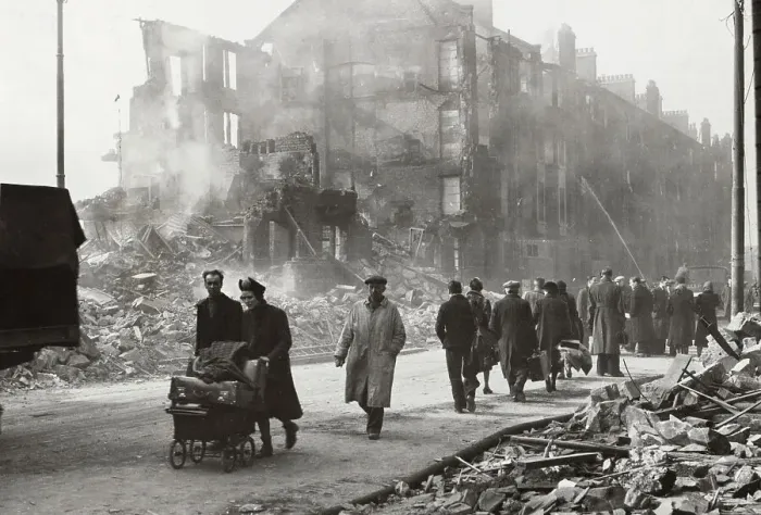Framed Print : People Walking by Buildings Destroyed in Air Raids Framed Print : People Walking by Buildings Destroyed in Air Raids