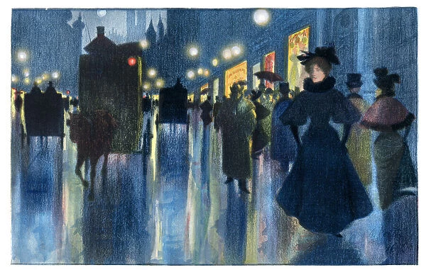People walking in Munich under first artificial illumination art nouveau 1897
