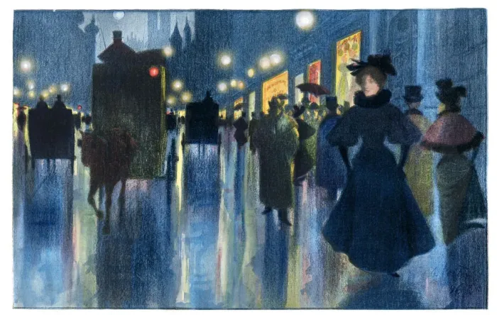Framed Print : People walking in Munich under first artificial illumination art nouveau 1897 Framed Print : People walking in Munich under first artificial illumination art nouveau 1897