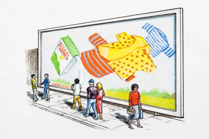 Framed Print : People walking past billboard Framed Print : People walking past billboard