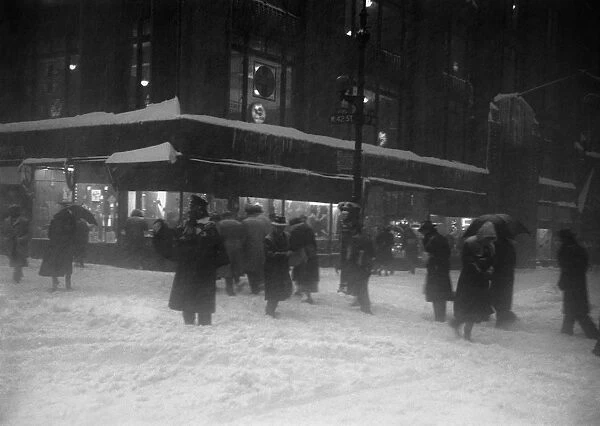 People walking on street in blizzard, (B&W)