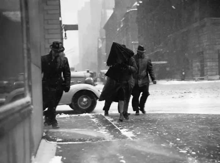 Framed Print : People walking on street in wind, (B&W) Framed Print : People walking on street in wind, (B&W)