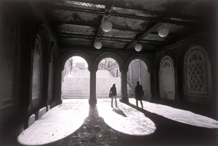 Framed Print : People walking underneath terrace in Central Park Framed Print : People walking underneath terrace in Central Park