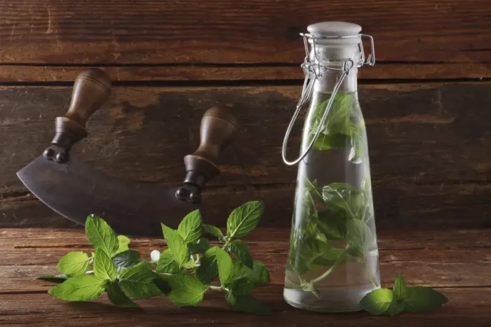 Framed Print : Pepperming leaves (Mentha piperita), preparation for making medicine or liquor, on a rustic wooden underground