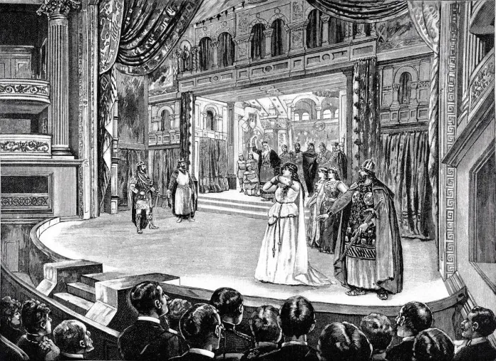 Framed Print : The performance of King Lear on the new Shakespeare stage at the Royal Court Theatre in Framed Print : The performance of King Lear on the new Shakespeare stage at the Royal Court Theatre in