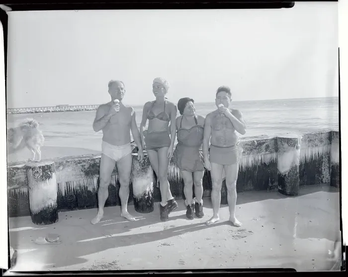 Framed Print : Performers Dressed Skimpily While Standing on Beach Framed Print : Performers Dressed Skimpily While Standing on Beach