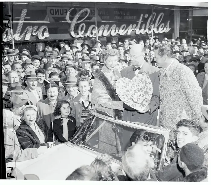 Framed Print : Performers Lucille Ball and Desi Arnaz Riding in Heart Association Motorcade