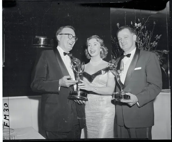1955 Print of Performers Receiving Emmy Awards in New York. Art