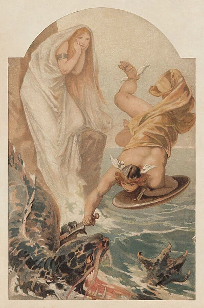 Perseus freeing Andromeda, Greek Mythology, lithograph, published in 1897